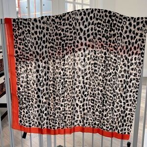 100% MULBERRY SILK Leopard Print Red/Orange Border Scarf